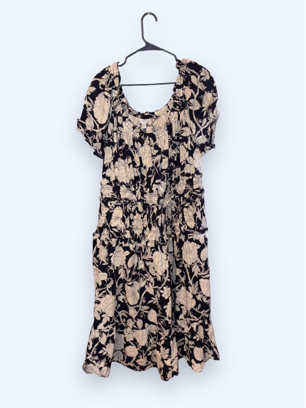 Time and Tru Black and White Floral Midi Dress with Ruffle Sleeves Size: XXXL